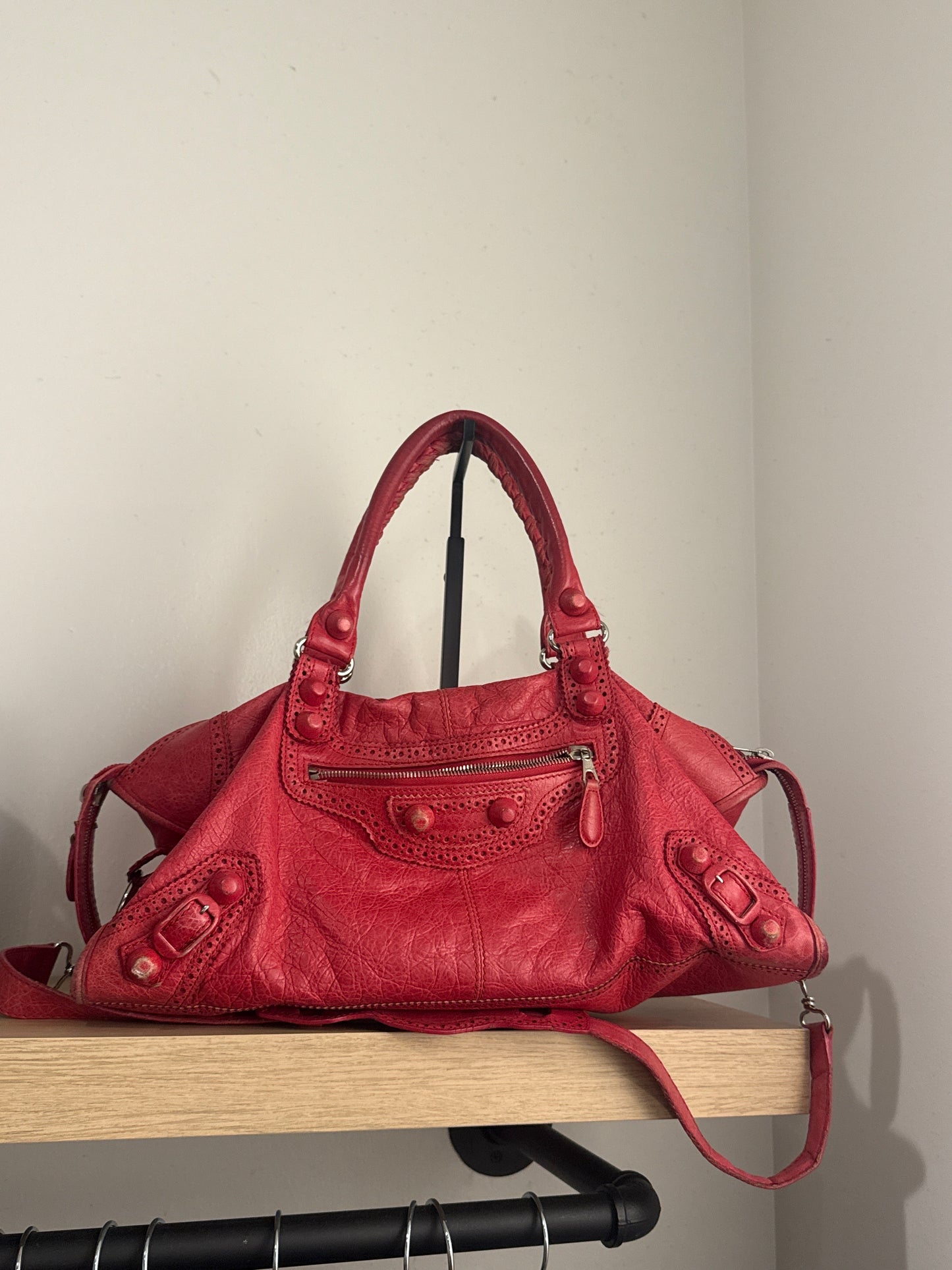 Vintage Balenciaga Red Leather Moto Top Handle Bag with Shoulder Strap