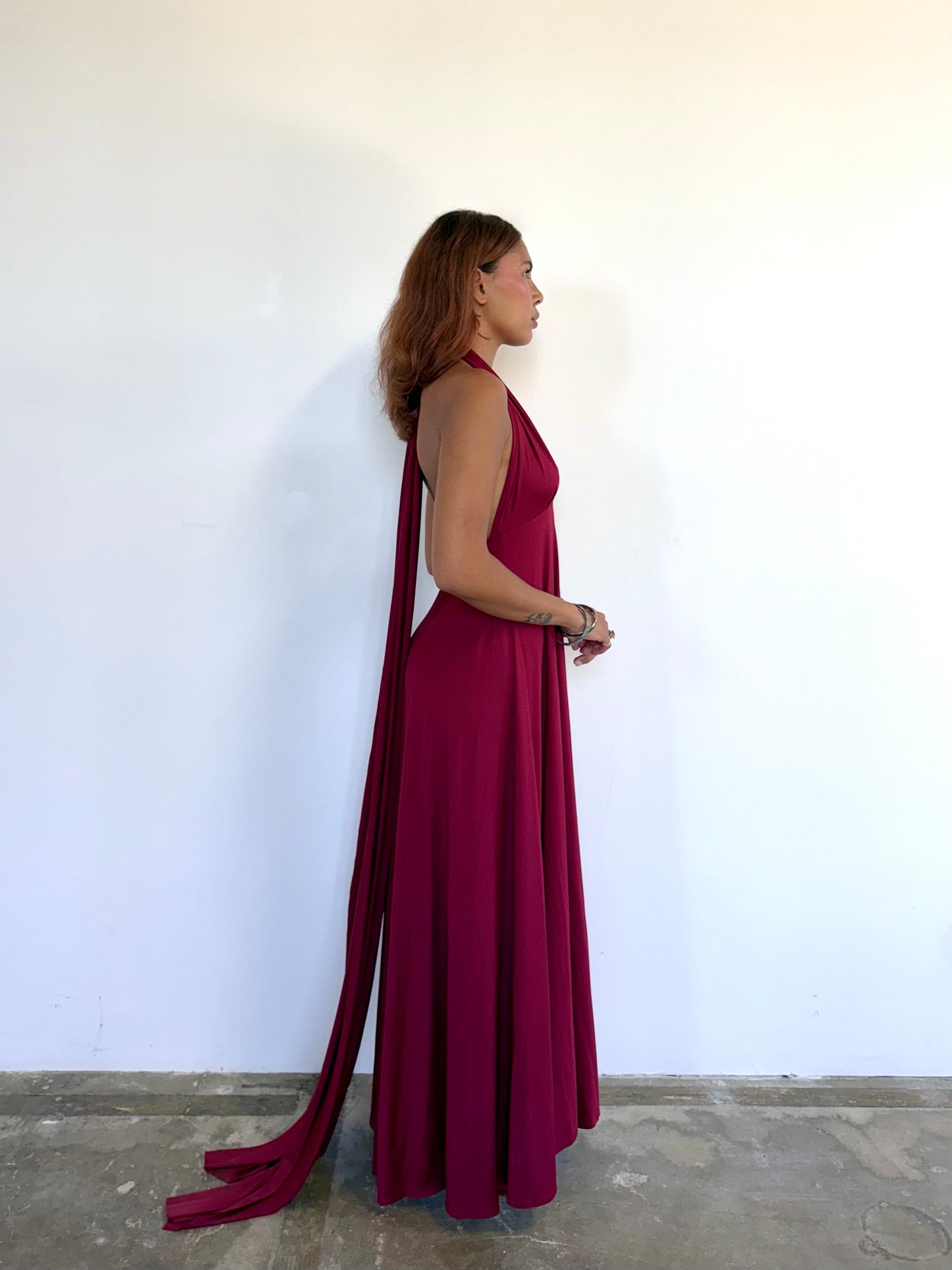 Vintage Deep Crimson Backless Halter Gown with Dramatic Drape Train