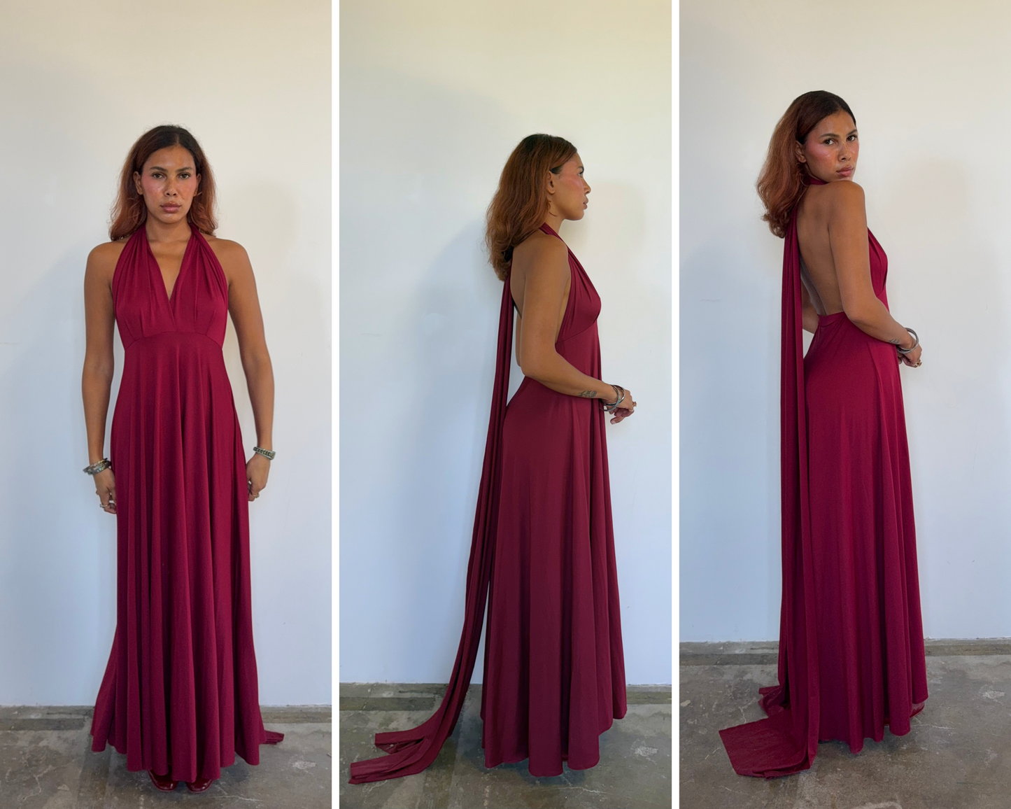 Vintage Deep Crimson Backless Halter Gown with Dramatic Drape Train